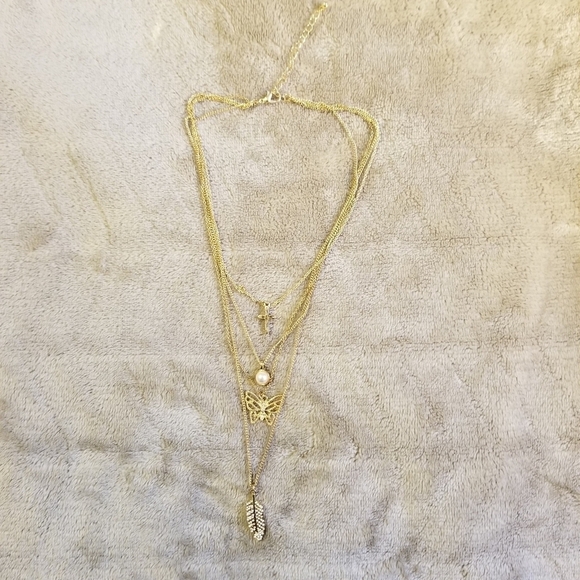 Golden‎ Layered Necklace Set Cross Pearl Butterfly Feather Charm Pendant Fashion - Picture 5 of 7